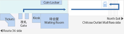 請選擇北口出站，朝向右側的Chitose Outlet Mail RERA方向前行，通過樓梯下達至1樓，巴士搭乘處就在車站外。